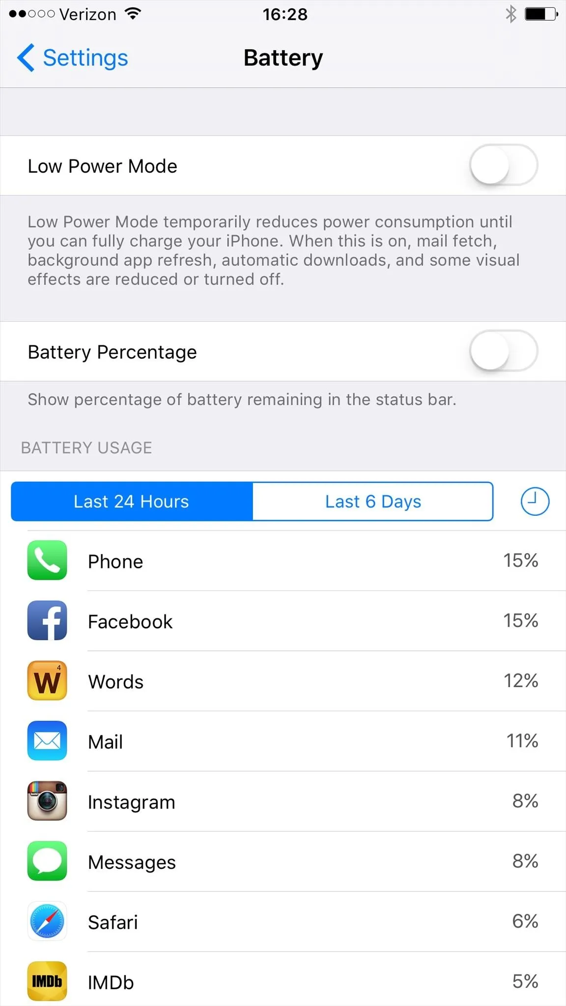 Battery usage settings on a smartphone with percentage breakdown for apps.