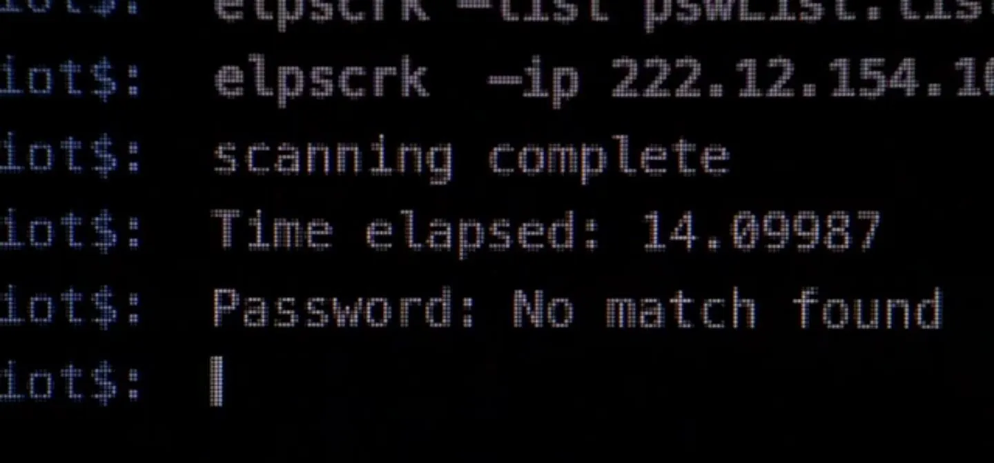 Terminal output indicating a scanning process with no matching password found.