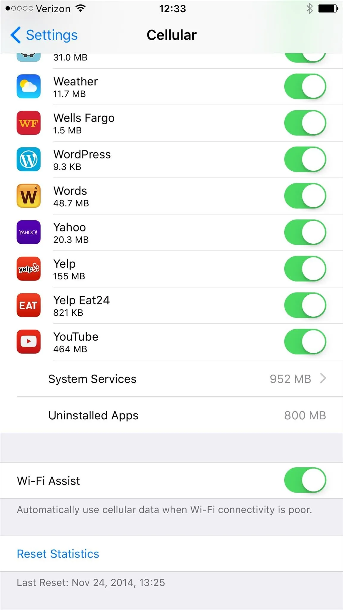 Cellular settings menu on a smartphone showing data usage options for various apps.