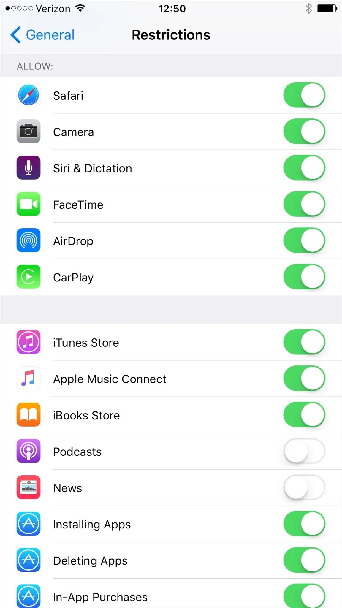 Settings menu displaying various app restrictions with toggles.