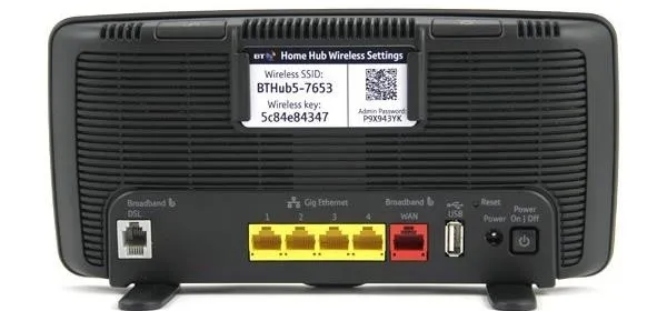 Router back view with Ethernet ports and settings label.