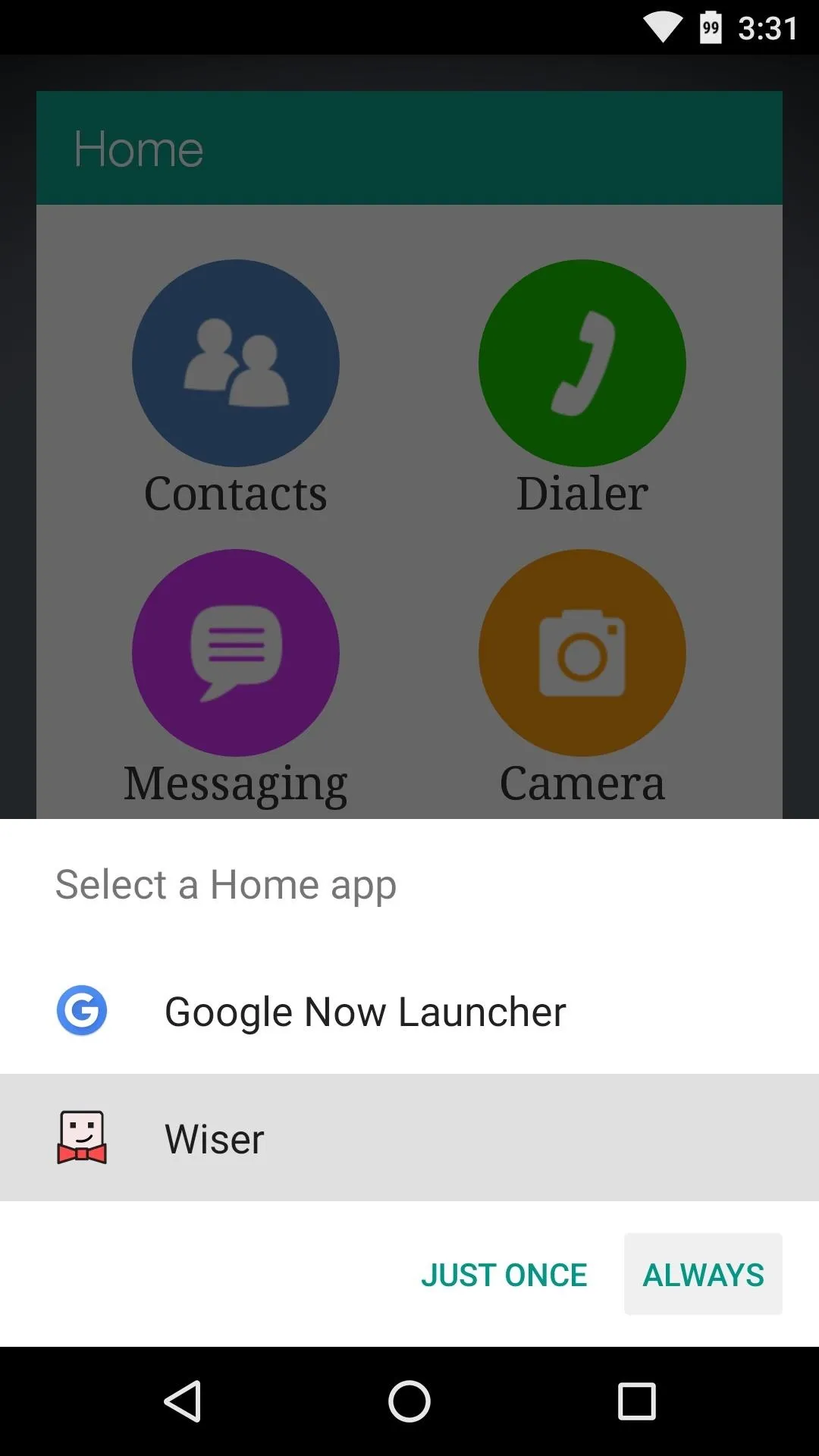 Home screen options for Android app selection.