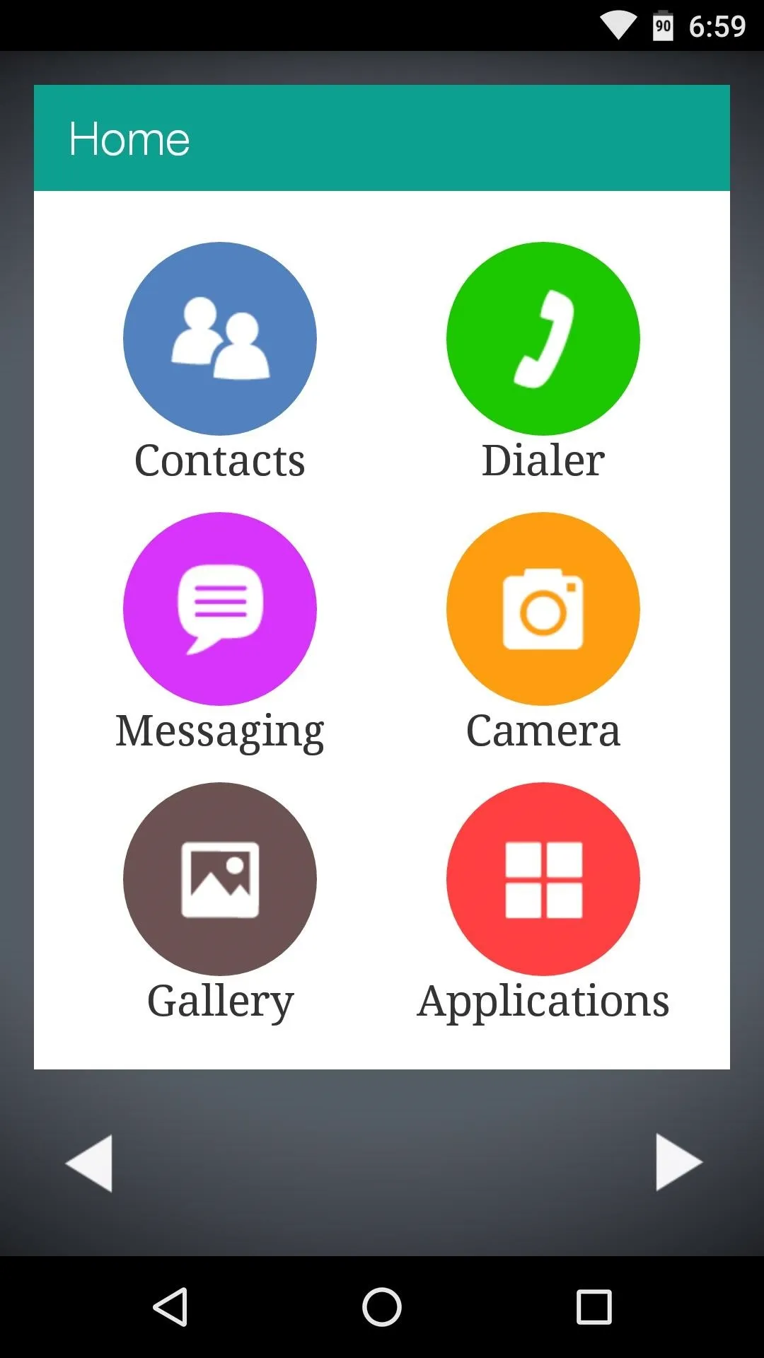 Mobile app home screen with icons for Contacts, Dealer, Messaging, Camera, Gallery, and Applications.