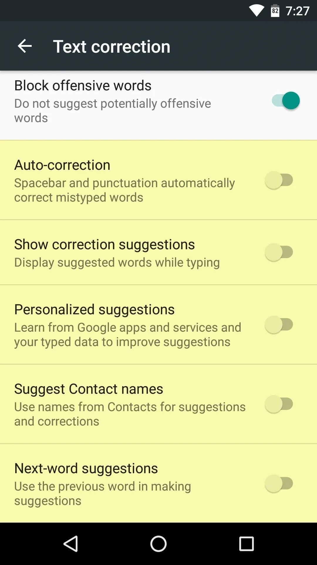 Text correction settings options on a smartphone screen.