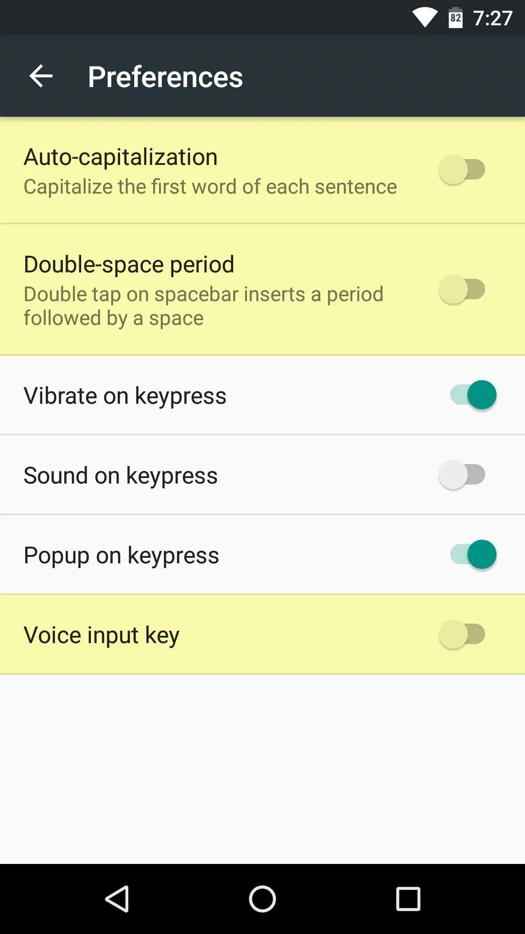 Settings menu options for a mobile application.