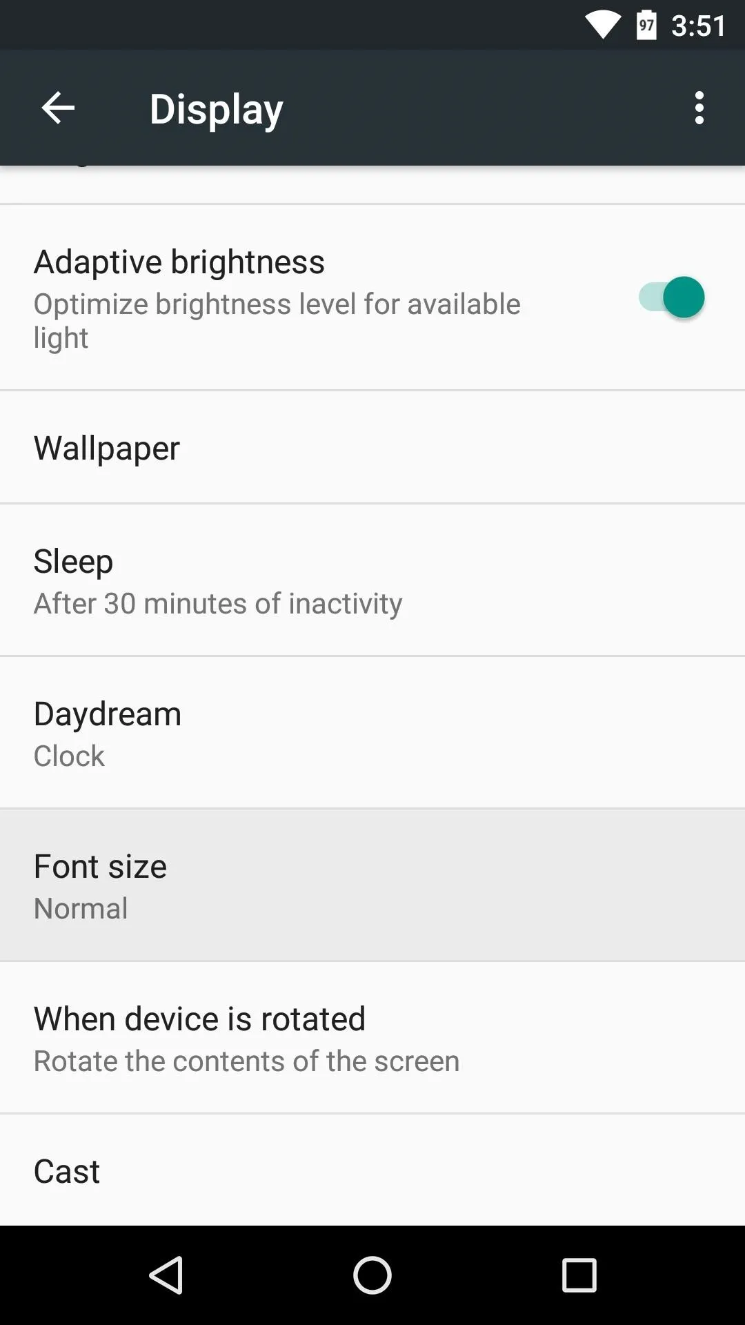 Display settings menu showing options like adaptive brightness, wallpaper, sleep timer, eye comfort, font size, and screen rotation.