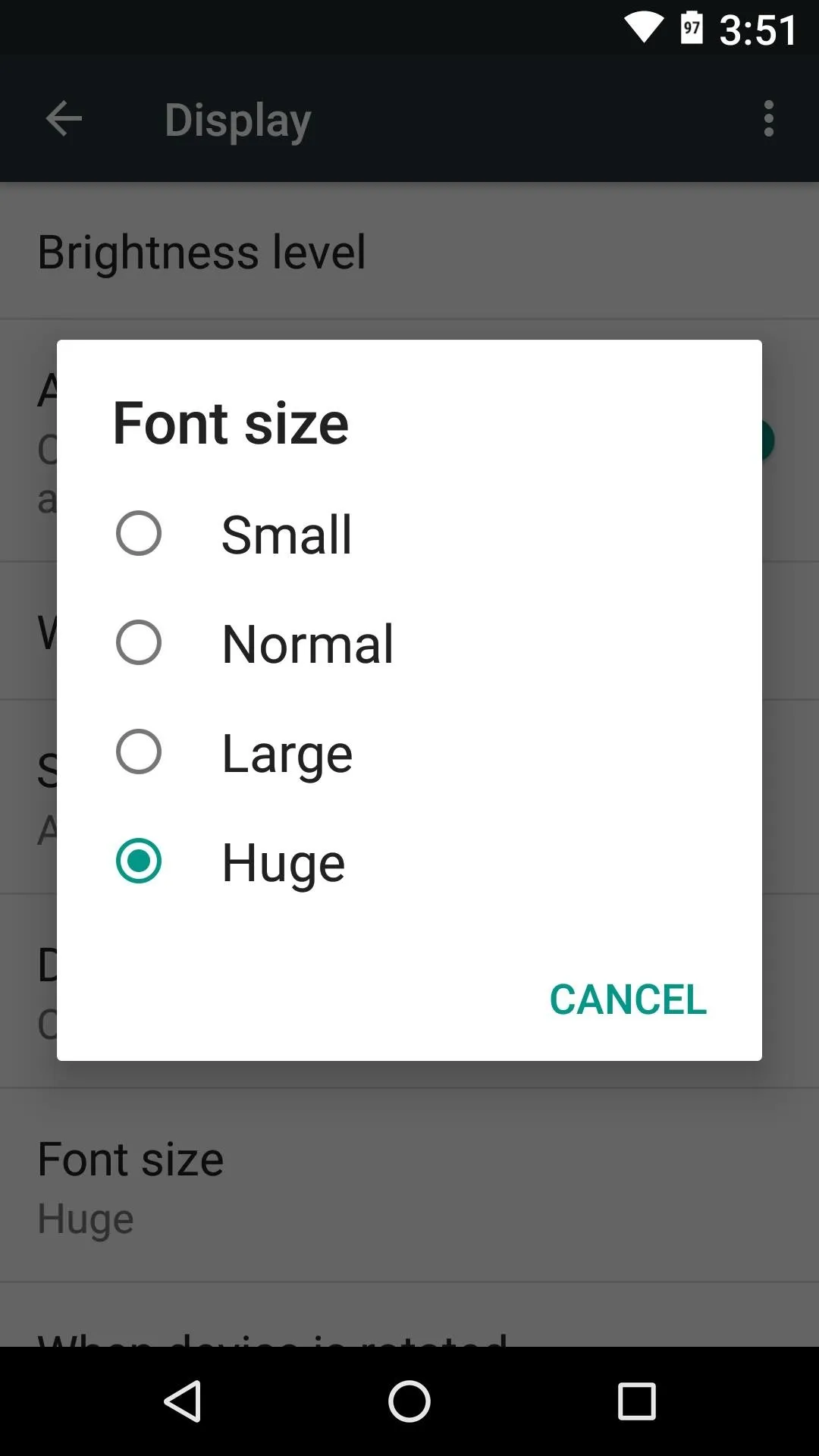 Display settings with font size options: Small, Normal, Huge.