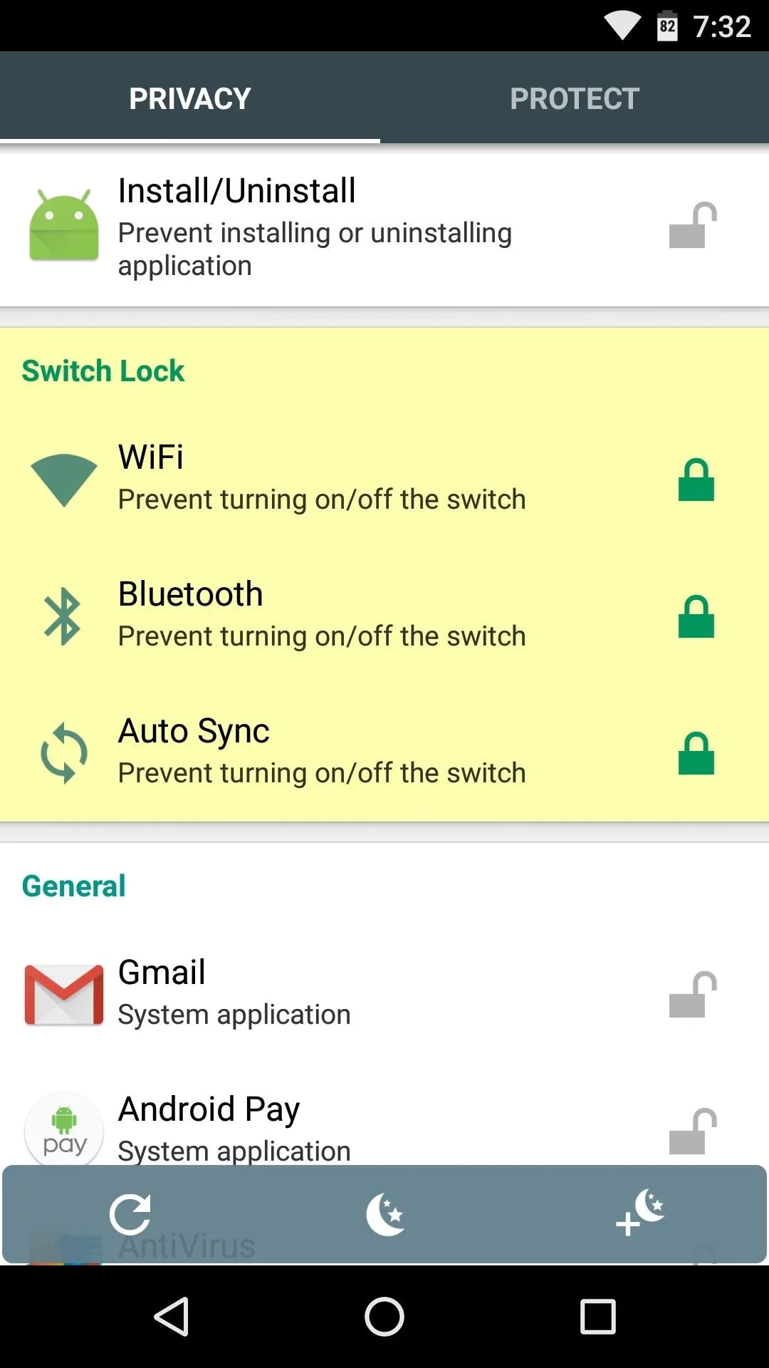 Application privacy settings menu with options for Wi-Fi, Bluetooth, and Auto Sync.