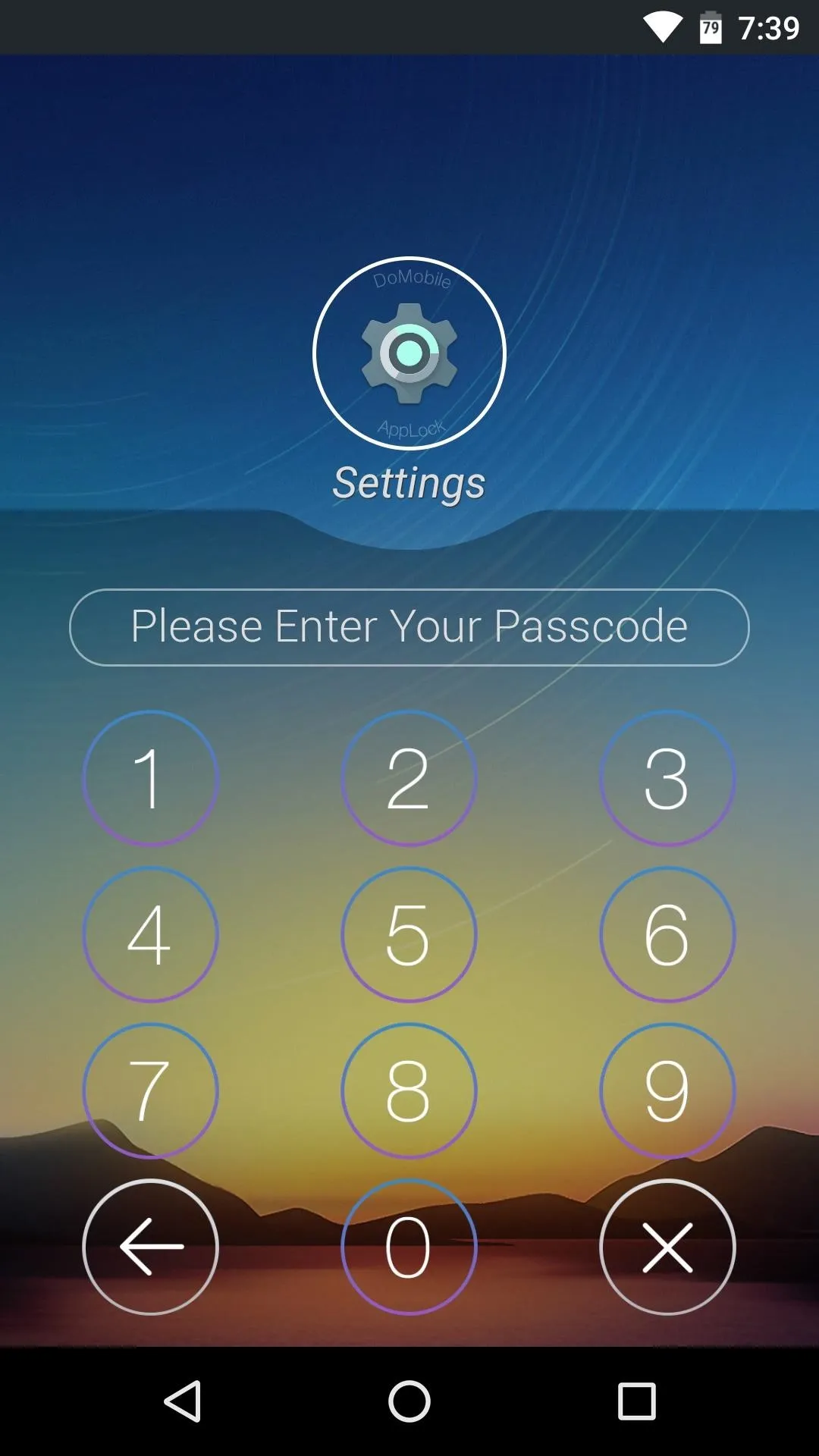 Login screen with numeric keypad and settings option.