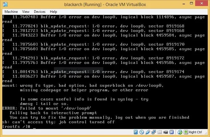 Error messages displayed in a command-line interface during a virtual machine operation.