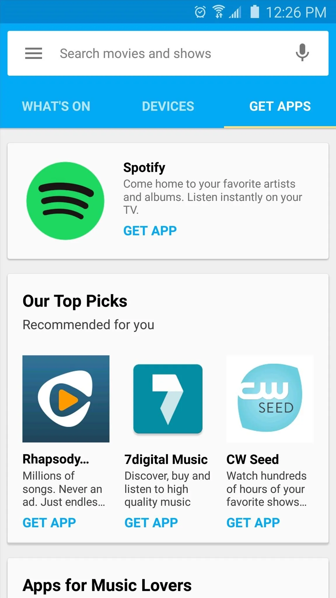 "Screenshot of a mobile app interface displaying Spotify and other music-related services."