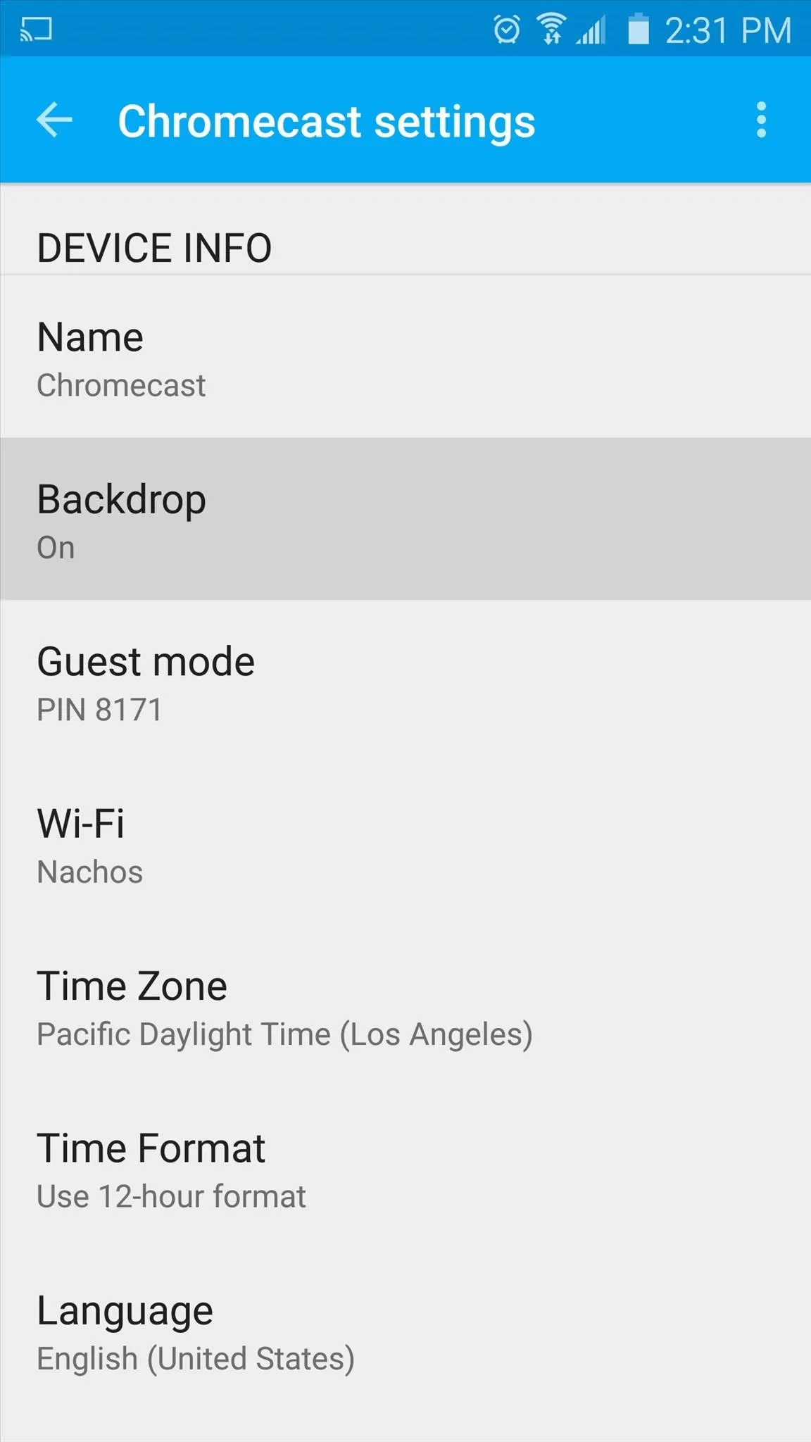 Chromecast settings menu displaying device info, backdrop options, and time settings.