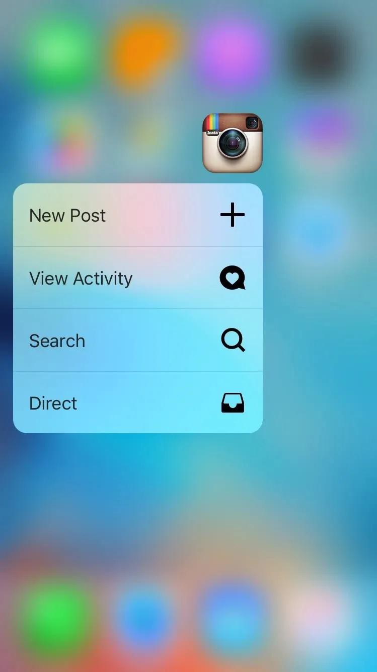 Instagram app interface with options for creating a new post, viewing activity, speech, and exit.