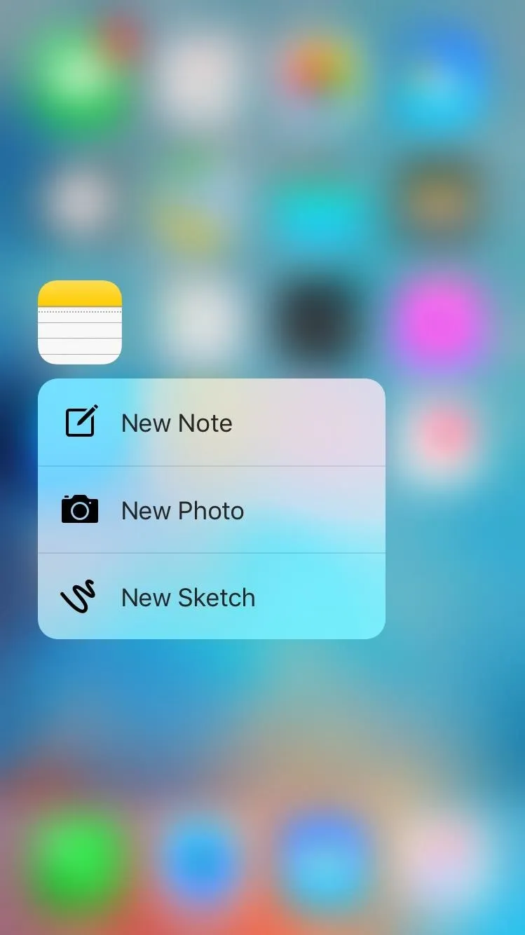 App options menu with options for creating a new note, photo, or bookmark.