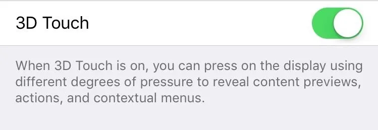 3D Touch settings description with on/off toggle.