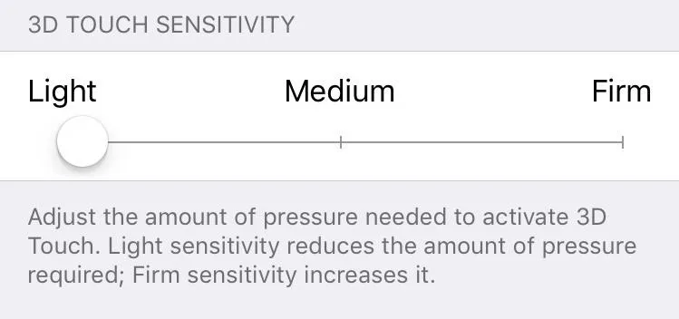 3D Touch sensitivity settings: Light, Medium, Firm adjustment slider.