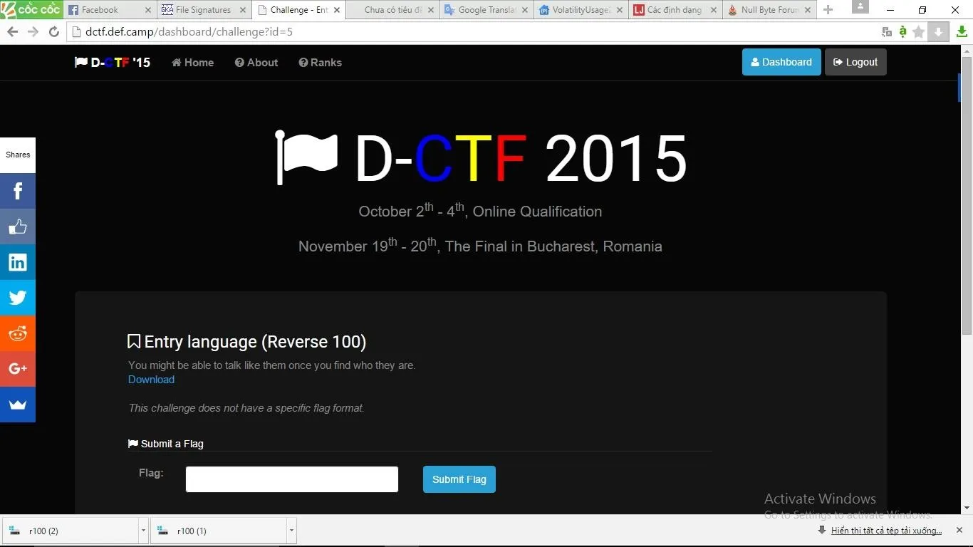 D-CTF 2015 online qualification page with a form for submitting solutions.