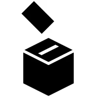 Ballot box icon with a ballot being cast.