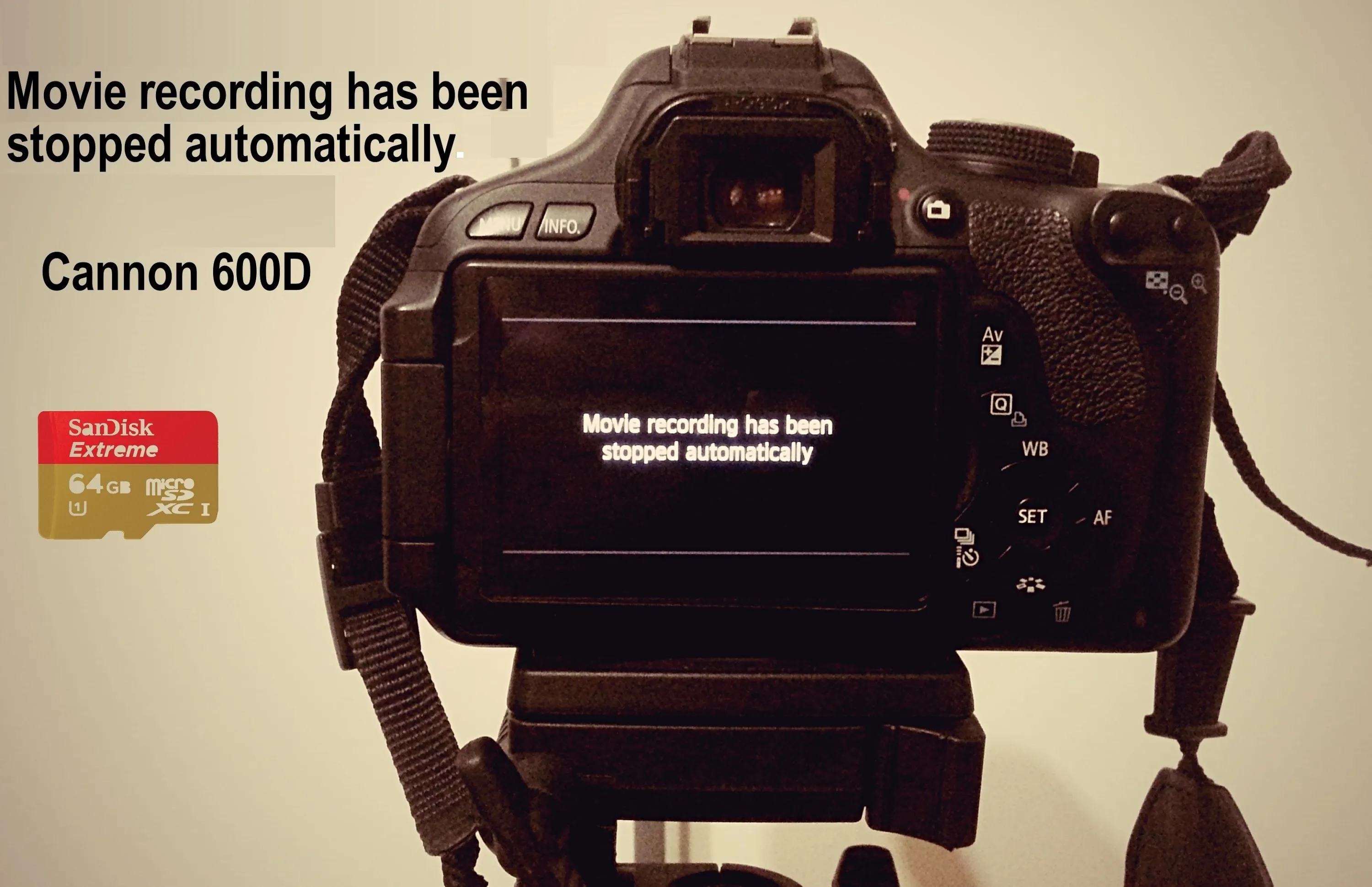 Camera display showing a message about automatic movie recording stop. Canon 600D.