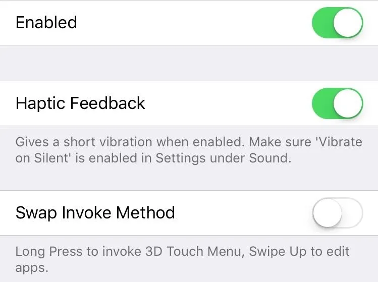 Settings menu for enabling haptic feedback and modifying app invocation methods.