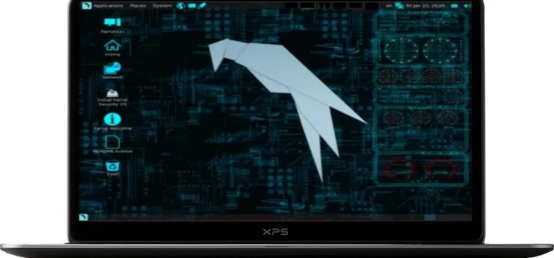 Laptop with a stylized bird logo on a digital background.