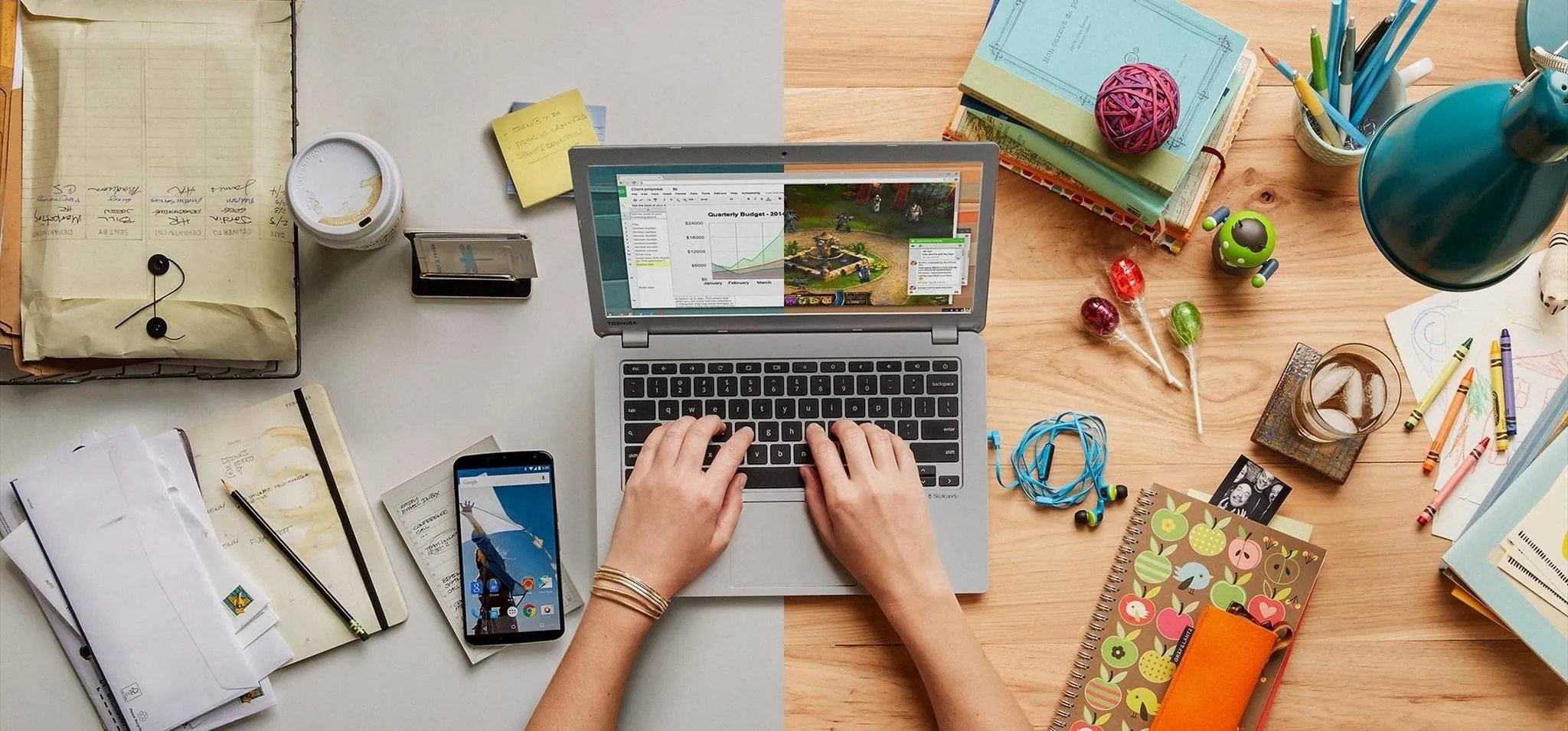 Woman writing notes while using a laptop.