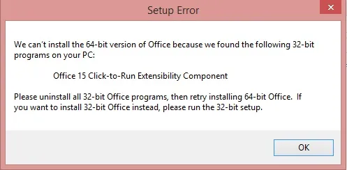 Office installation setup error message indicating incompatibility with 32-bit programs.