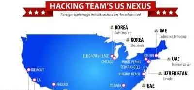 Map highlighting the locations of Hacking Team's US nexus and associated countries.