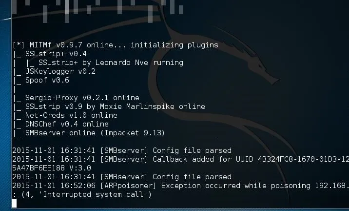 MITMf command-line interface displaying various plugins and server configurations.