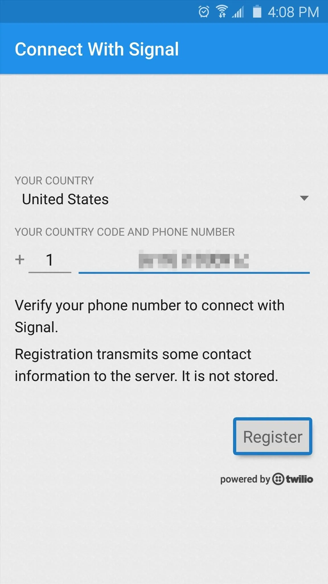 Connect with Signal app login screen asking for phone number.