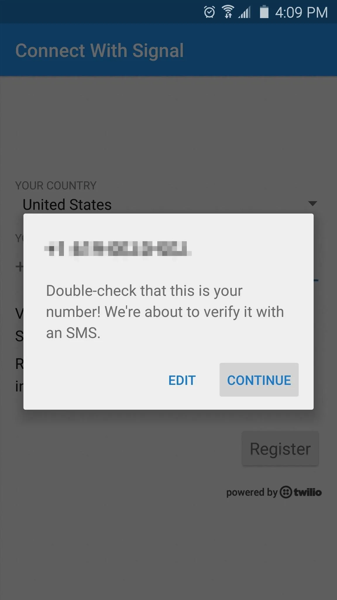 "Verification prompt for connecting with Signal app."