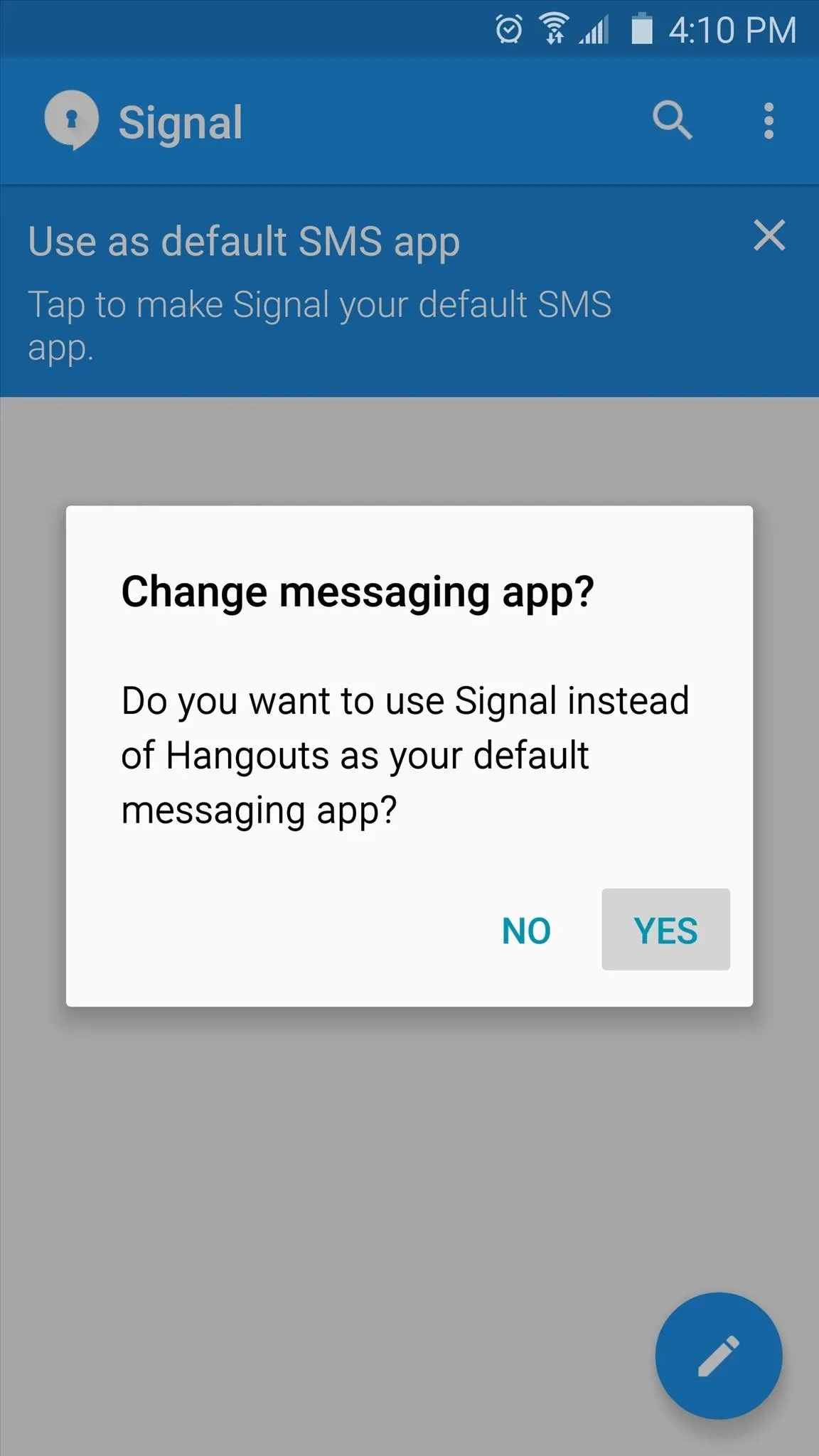 Prompt to change default messaging app to Signal.