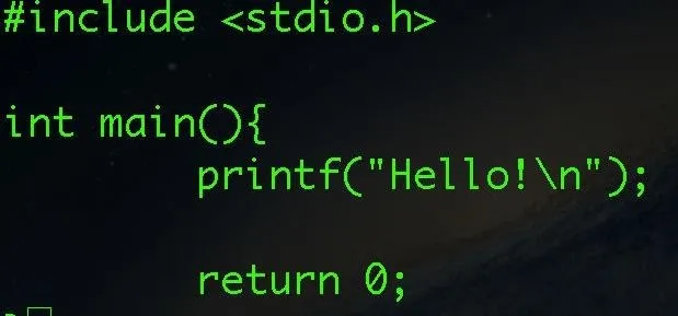Code snippet in C programming language displaying a simple "Hello!" output.