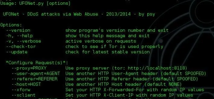 "Code snippet displaying options for a programming tool related to web abuse attacks and proxy settings."
