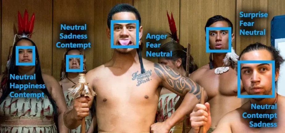 Group of people displaying various emotional expressions with labeled facial reactions.