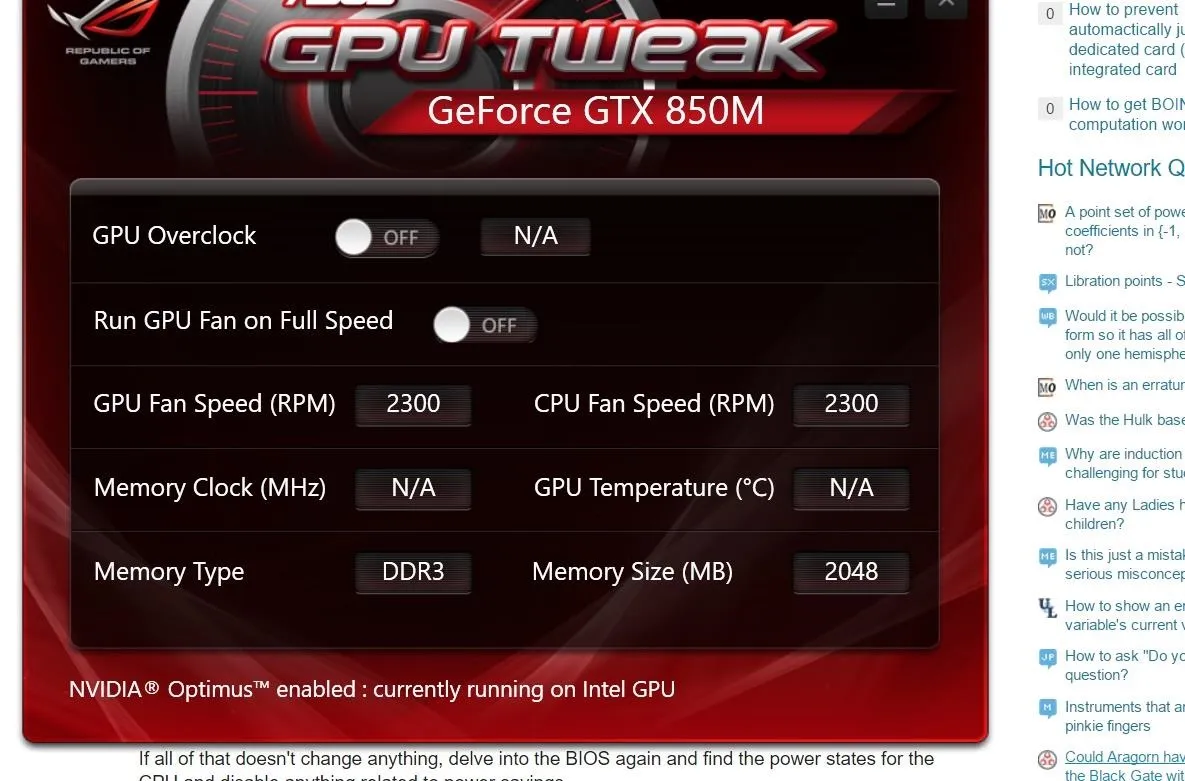 GPU Tweak software interface displaying information for GeForce GTX 850M, including settings for GPU overclocking, fan speed, memory clock, and temperature.