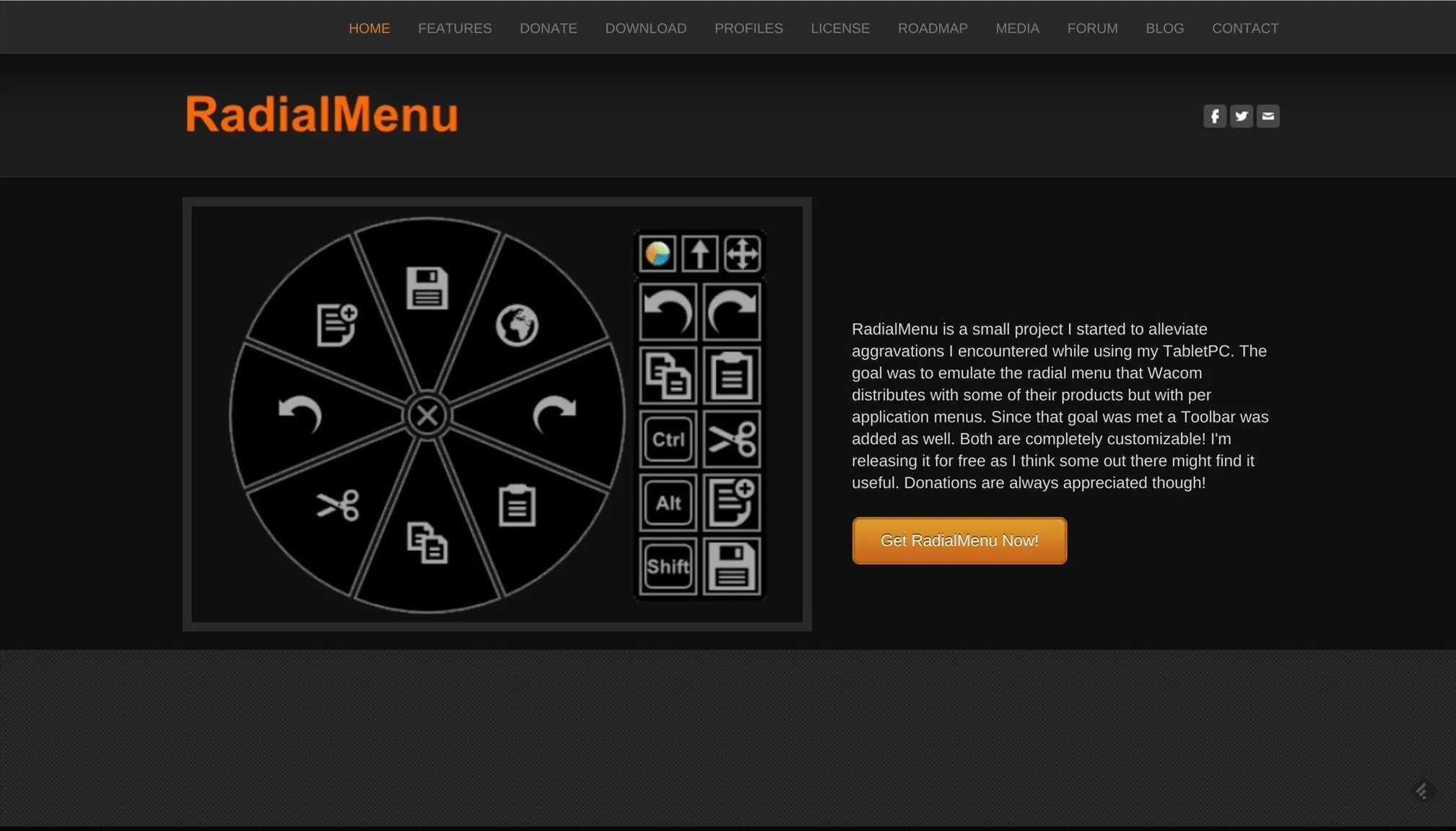 RadialMenu interface showcasing various icons in a circular layout.