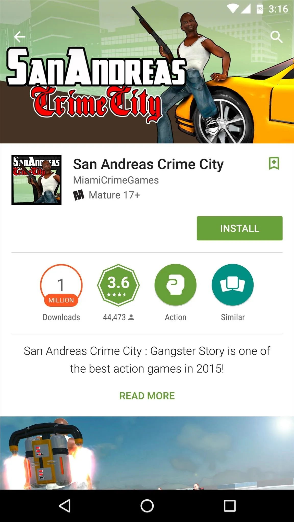 San Andreas Crime City mobile game app display.