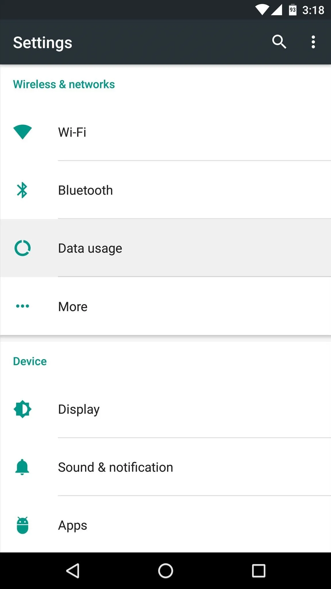 Settings menu on a mobile device featuring options for Wi-Fi, Bluetooth, and data coverage.