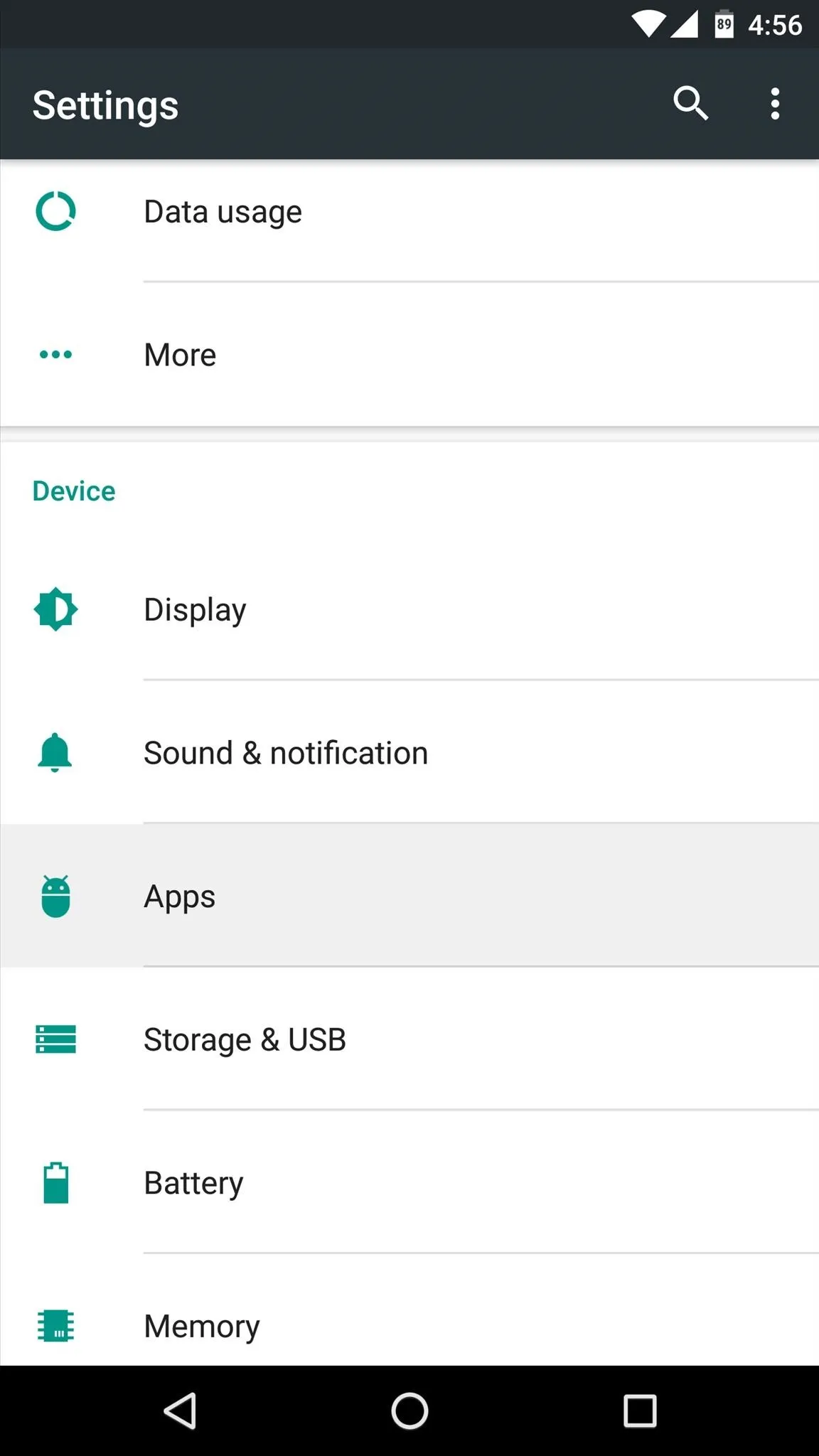 Mobile device settings menu displaying options like Display, Sound & notification, Apps, and Memory.