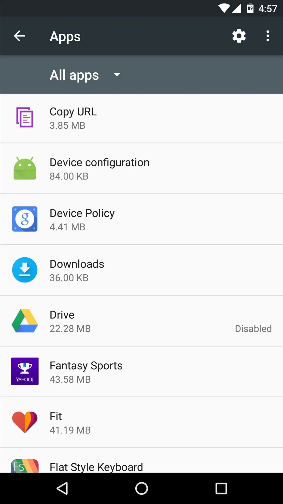 App settings menu showcasing various applications with storage sizes.