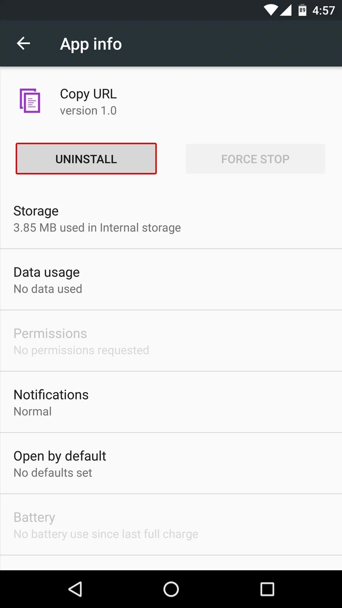 App info screen displaying storage and usage details.