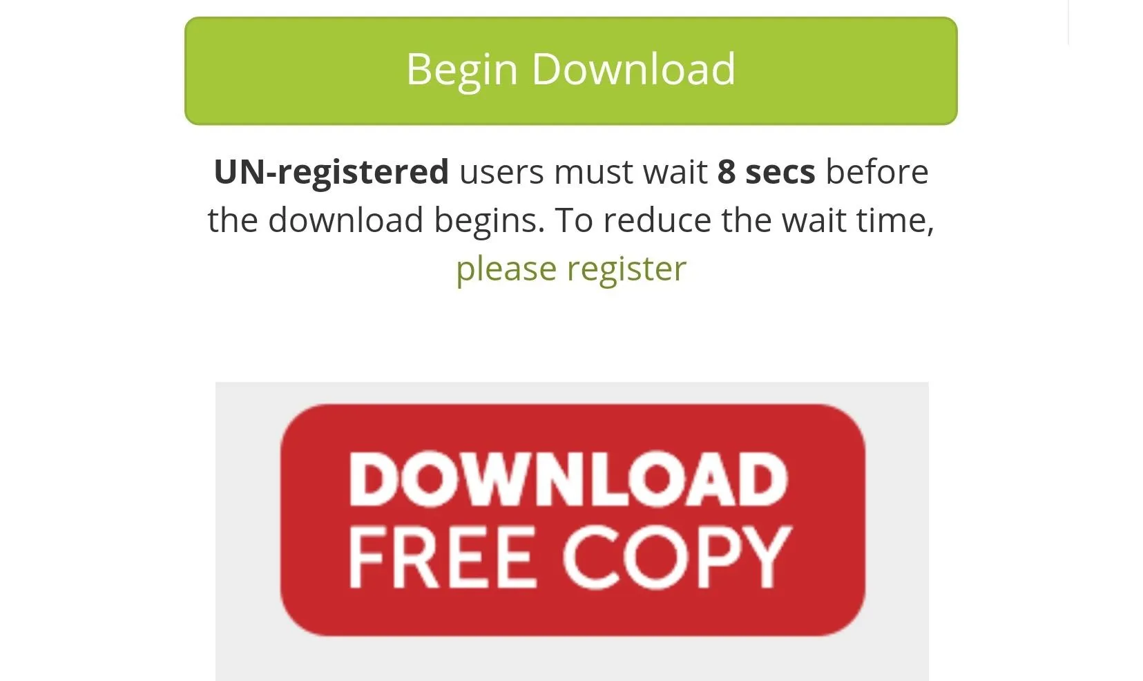 Download prompt with a registration notice and a button for a free copy.