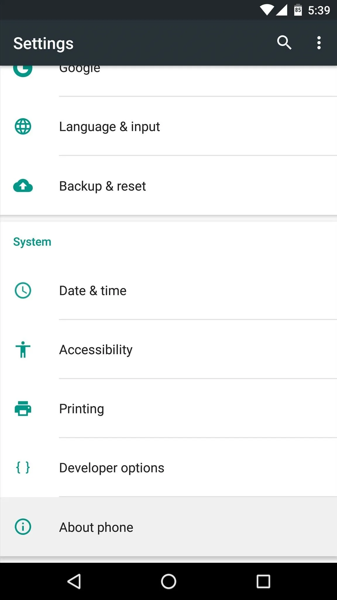 Settings menu options for mobile device.