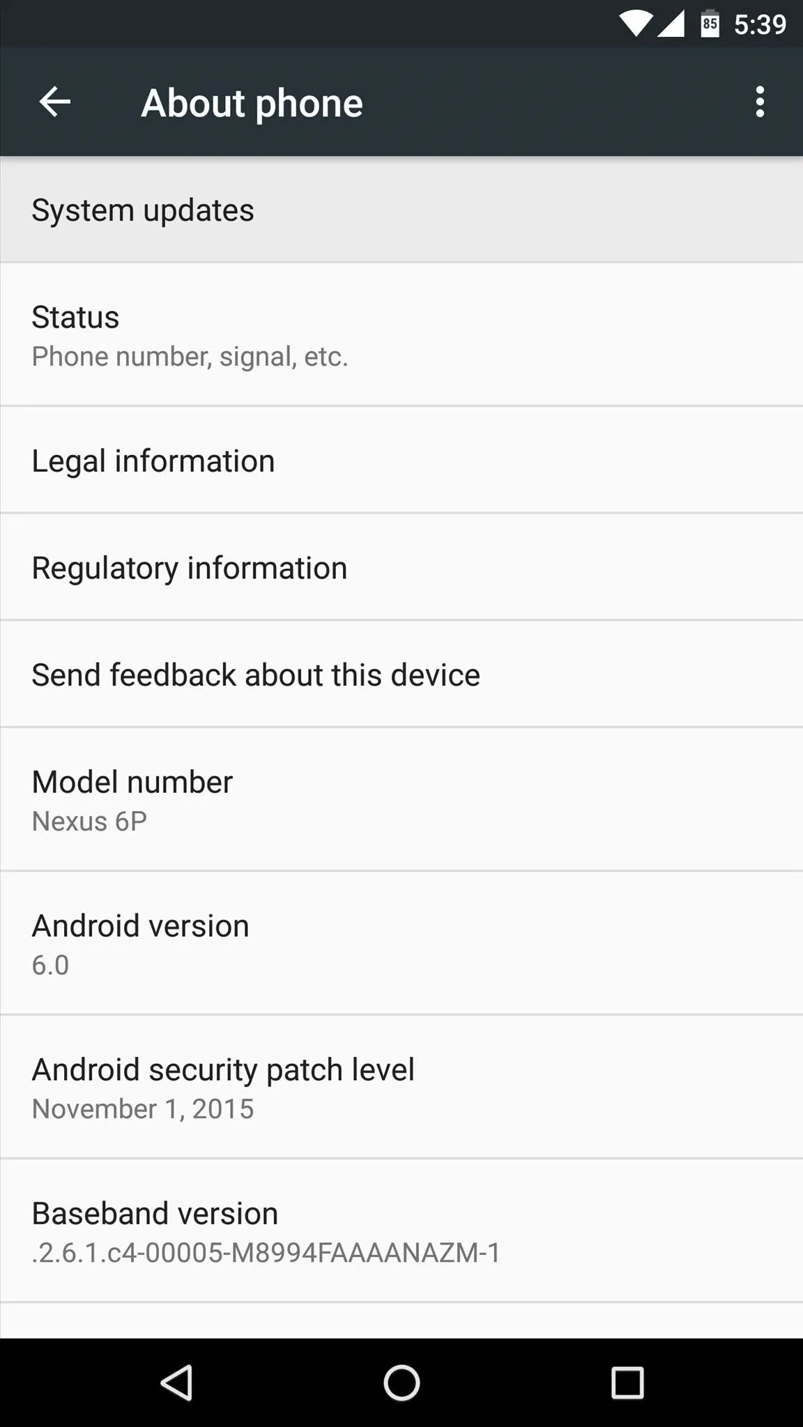 System information and specifications of a mobile phone.