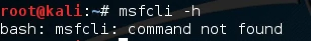 Terminal command showing an error message for 'msfcli: command not found'.