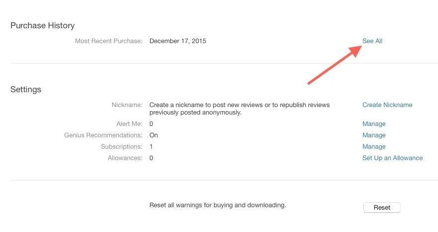 Purchase history settings page with an arrow pointing to "See All" option.