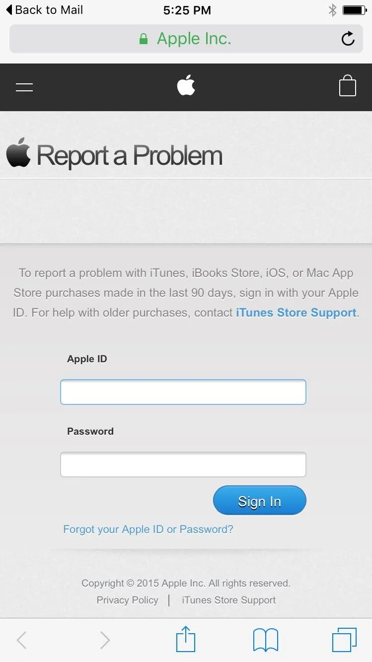 Apple Report a Problem webpage with fields for Apple ID and password.