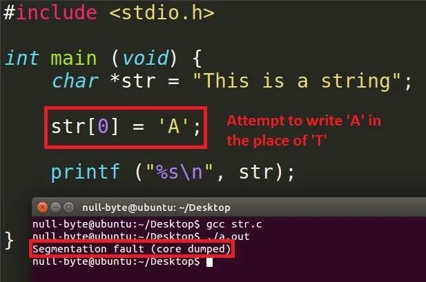 Code snippet demonstrating a segmentation fault in C programming.