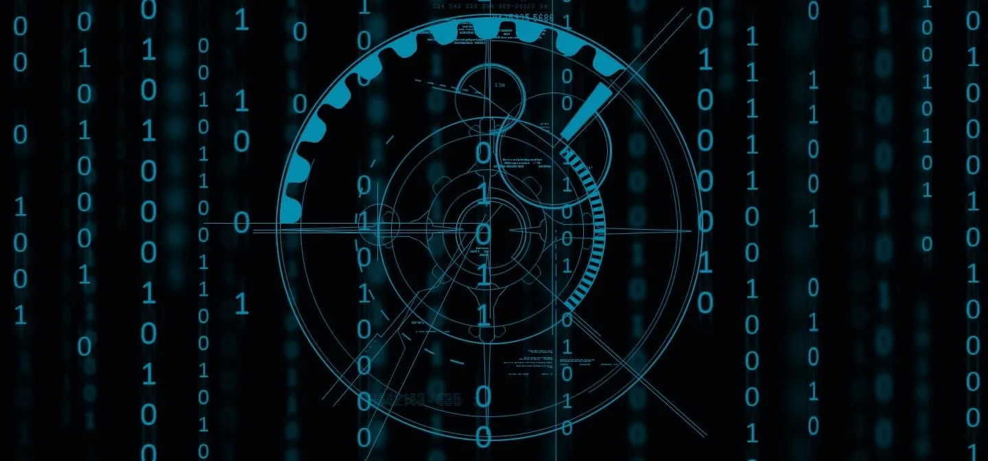 Abstract graphic of a digital interface featuring binary code and a circular gear design.